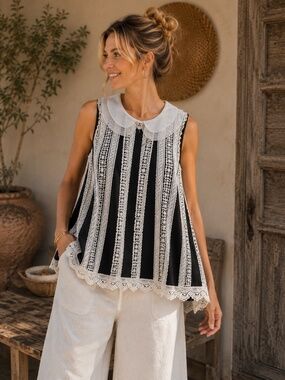 Anthropologie Black and White Lace-Trim Sleeveless Top